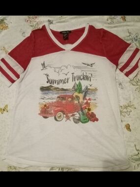 Summer Truckin' Graphic Ringer Tee - Red & White